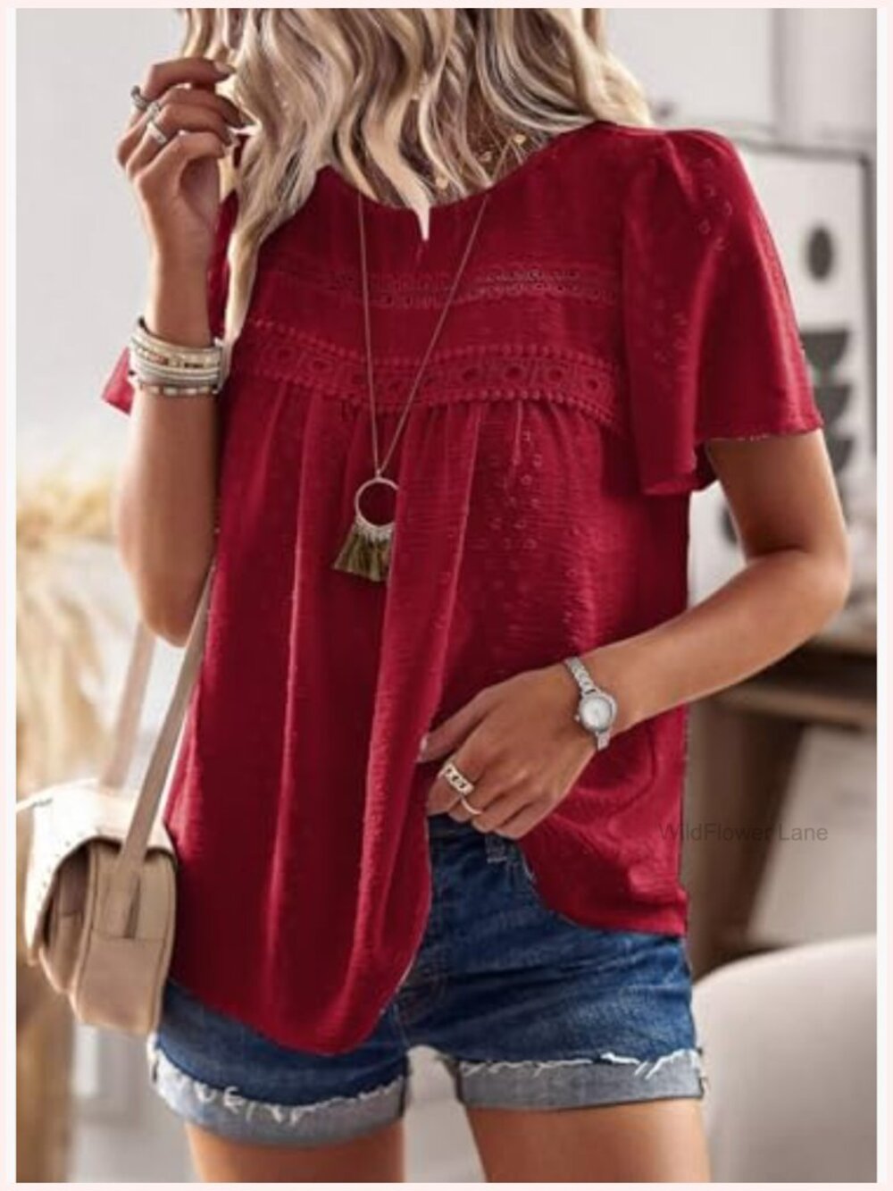 Women's Crewneck Short Sleeve Blouse Flowy Lace Hem Boho Tunic Top - Picture 2 of 7